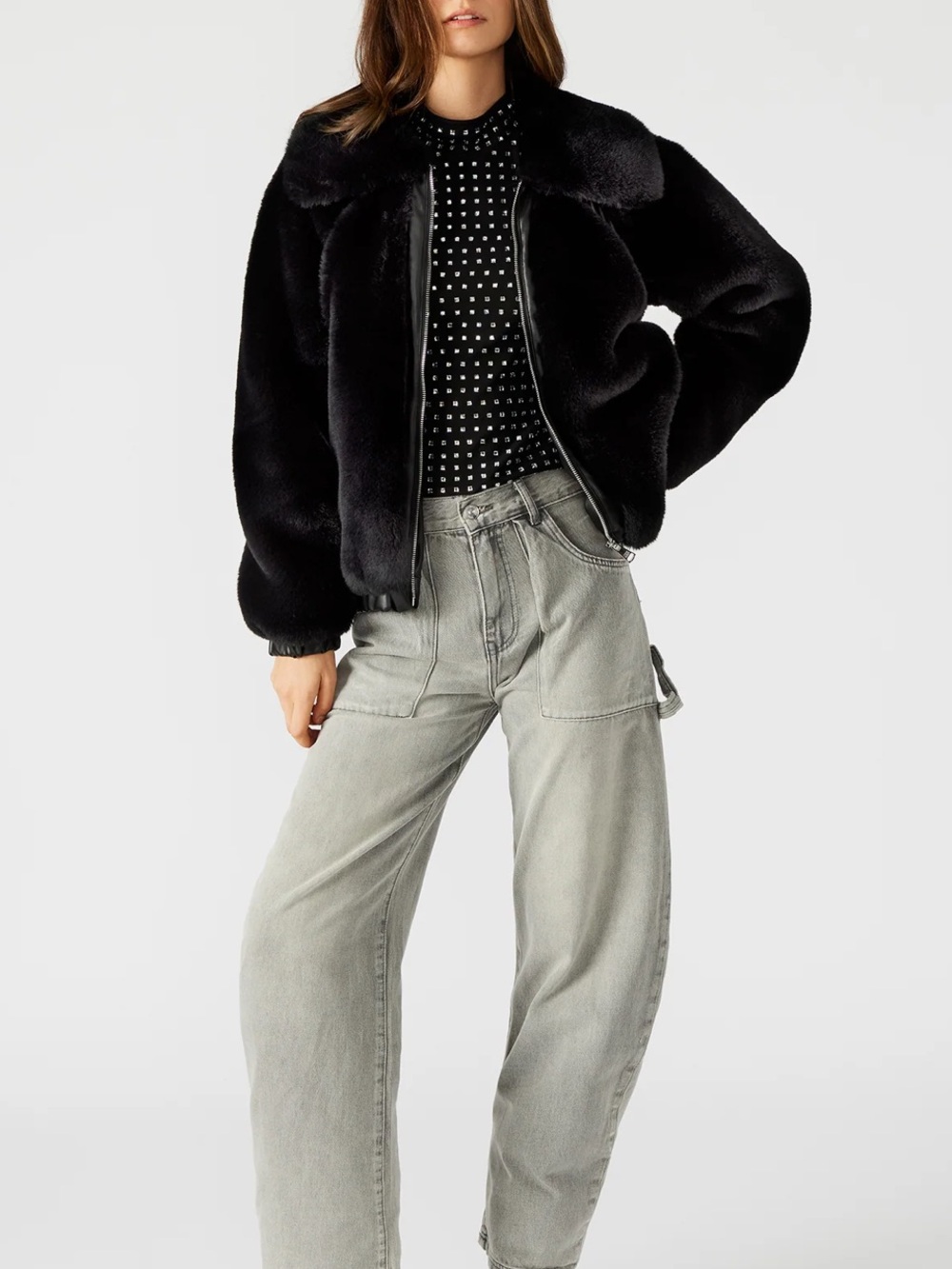 Steve Madden Black Faux Fur Zephrine Bomber Jacket Full Collar & Zip 2 Pocket XS - Picture 3 of 16